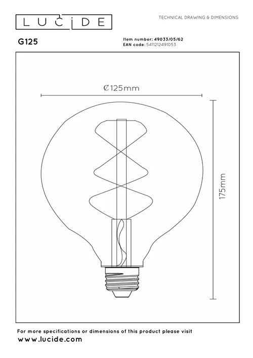 Lucide G125 - Glühfadenlampe - Ø 12,5 cm - LED Dim. - E27 - 1x4,9W 2200K - Amber - technisch